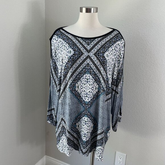 Rose + Olive Womens Plus 3X Geometric Tunic Top Open Sleeve Detail Stretch Shirt - Picture 1 of 10